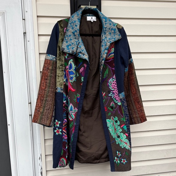 Ritu Kumar Multicolor Patchwork Embroidered Trench Boho Coat Jacket-4 - Picture 3 of 15